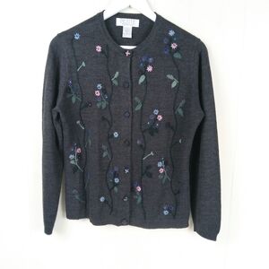Petite Sophisticate Cardigan Sweater Size S Gray Floral Embroidered Wool Blend